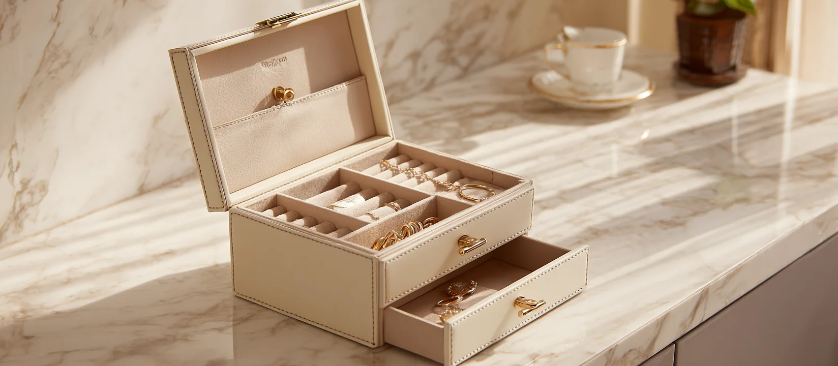 A light beige leather jewellery boxes style features a drawer and compartments, serving as an excellent jewelry necklace organizer and ring storage case.